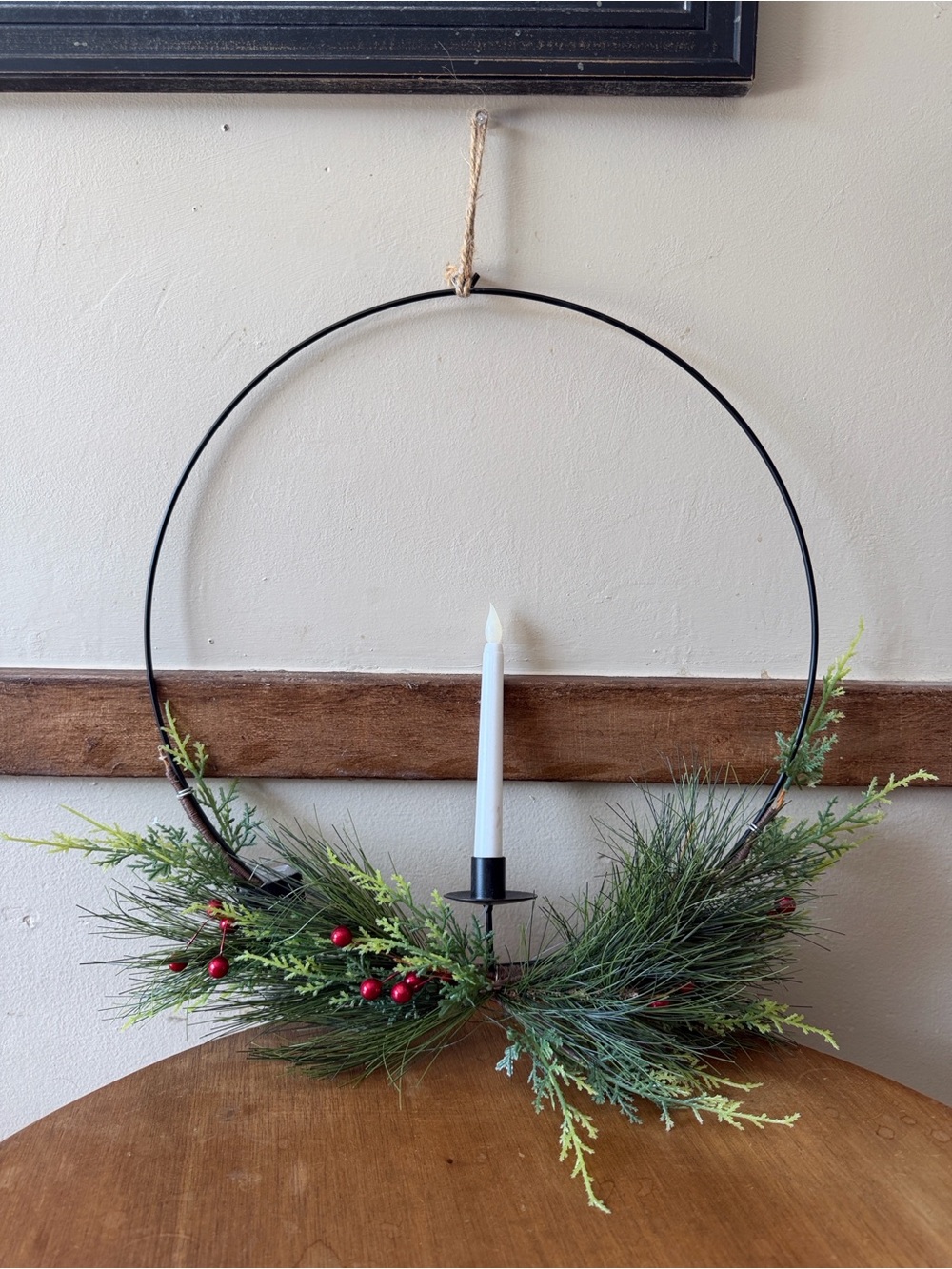 Wondershop Black Metal Holiday Hoop Wreath with Candle and Greenery